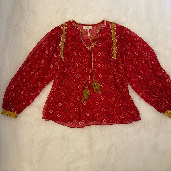 Verb Pallavi Lulita Anthropologie Semi Sheer Brick Red Peasant Blouse Top - Picture 8 of 16